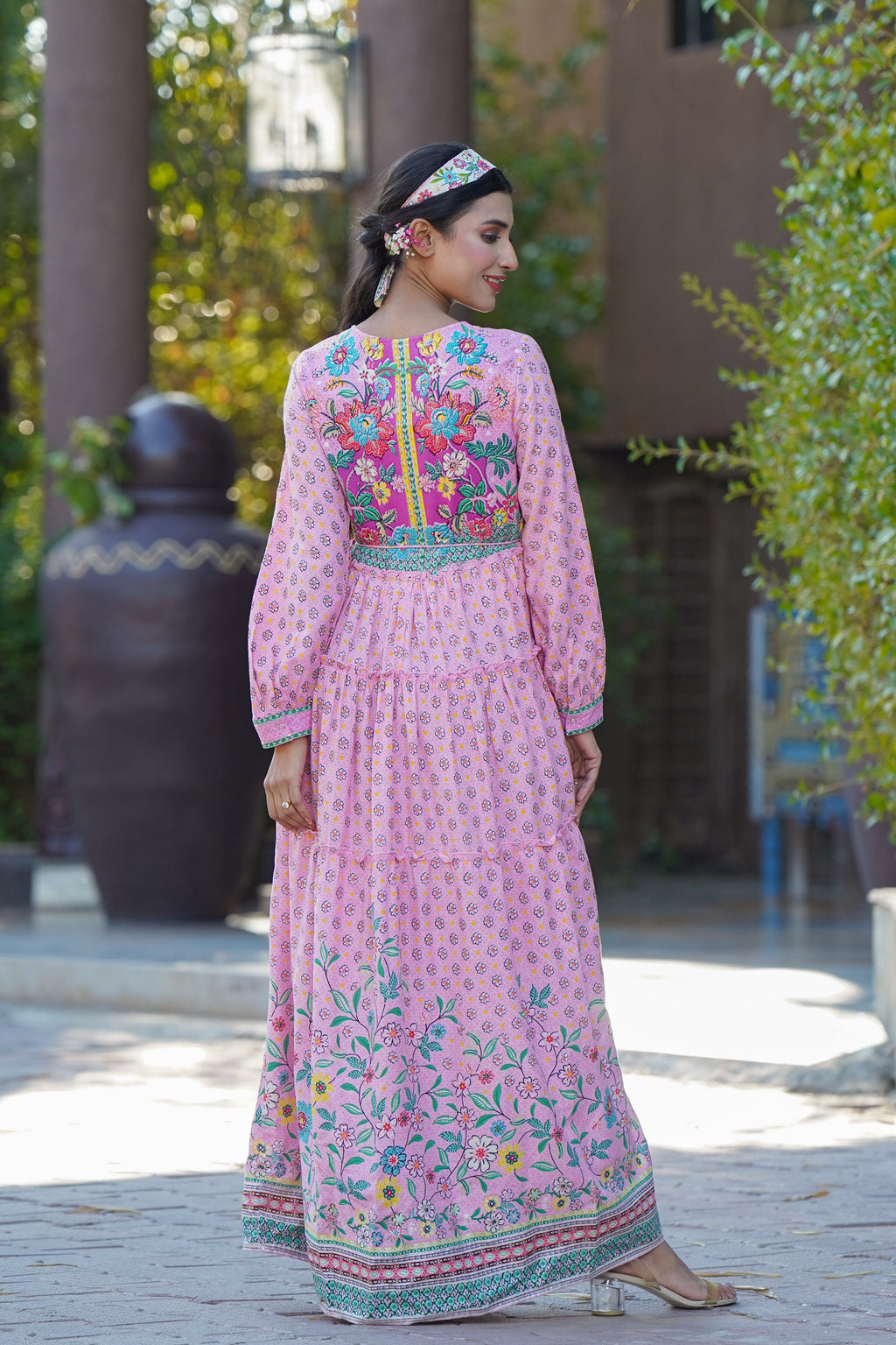 Juniper Womens Pink Cambric Floral Printed Tiered Maxi Dress