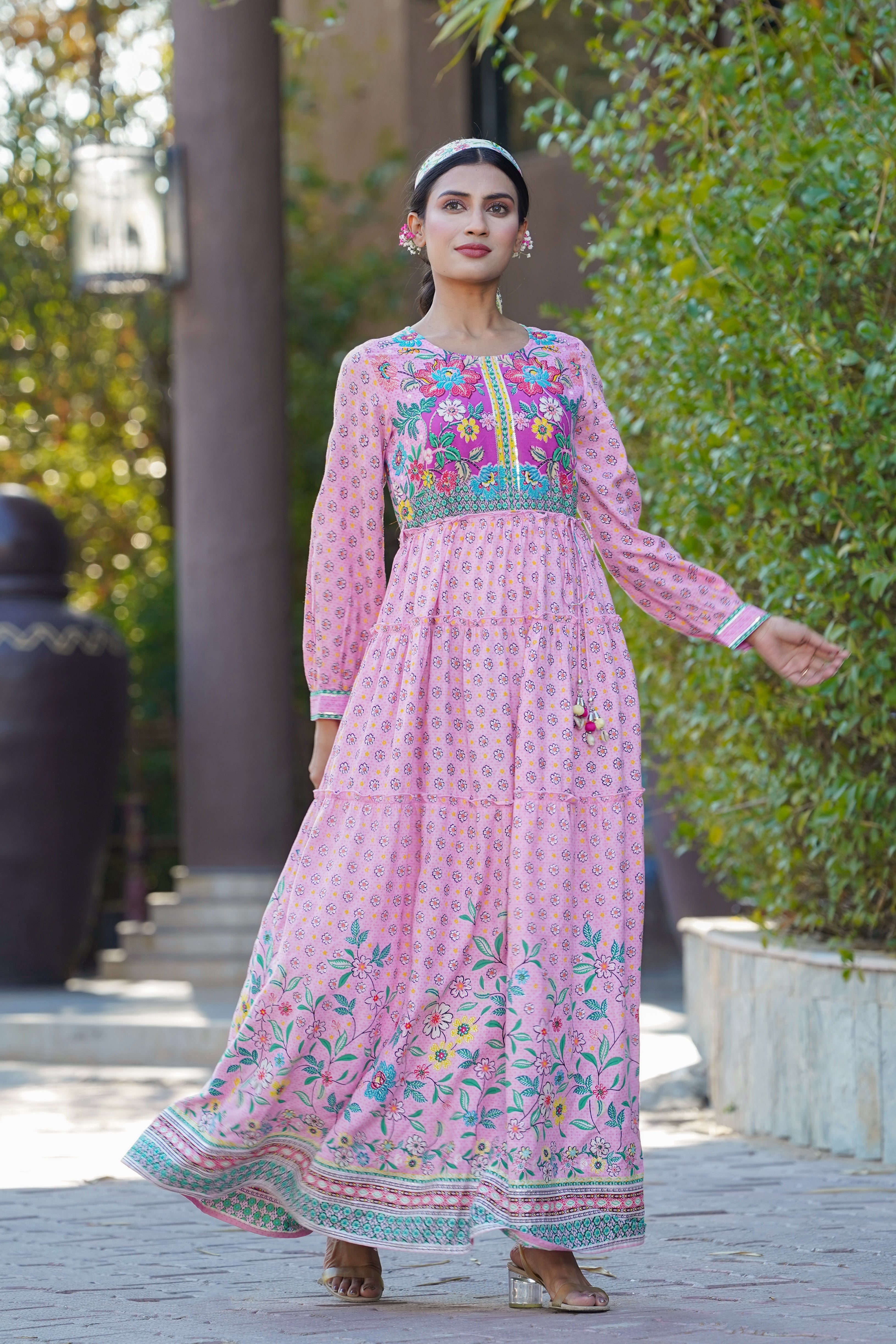 Juniper Womens Pink Cambric Floral Printed Tiered Maxi Dress