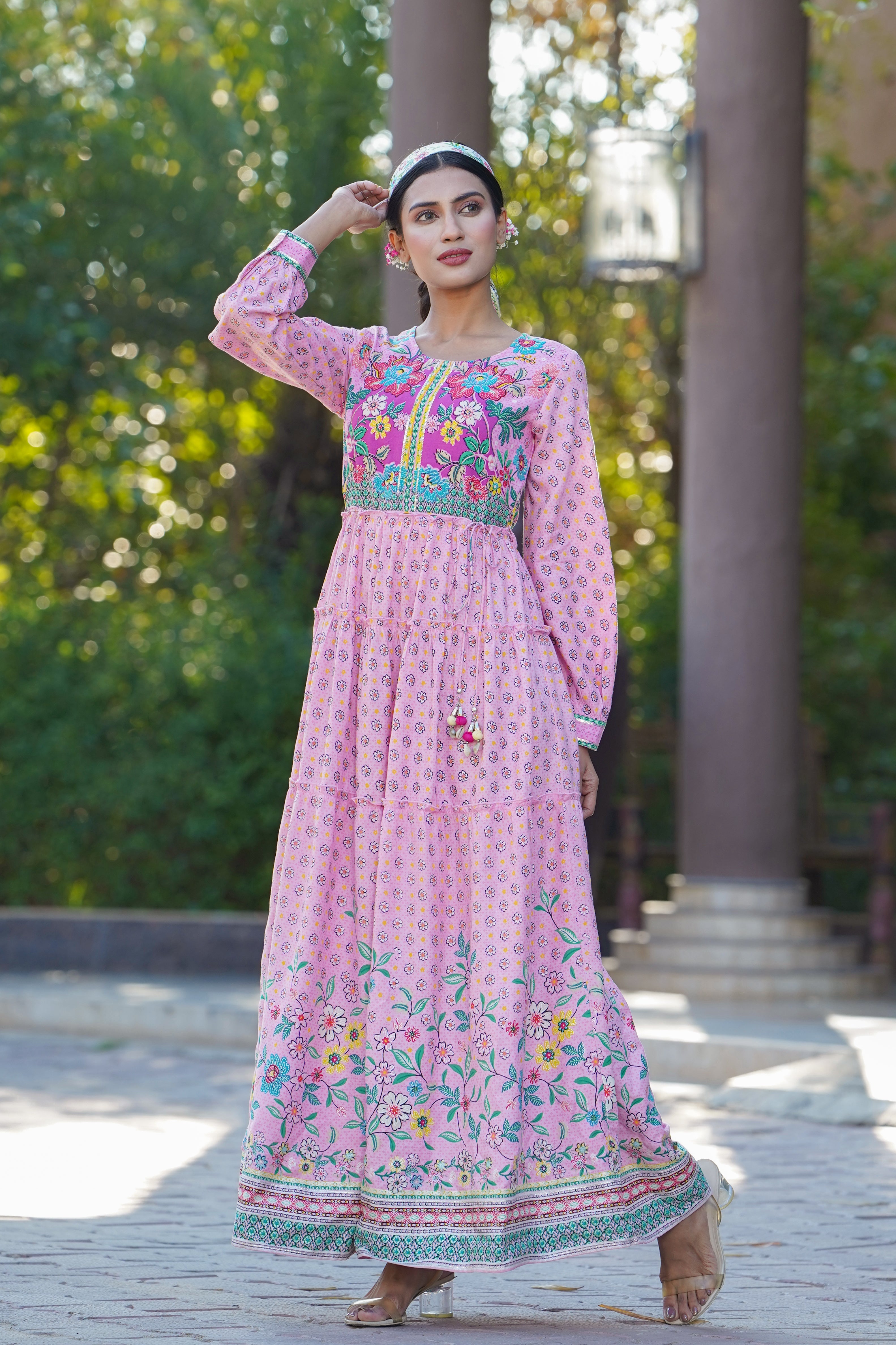 Juniper Womens Pink Cambric Floral Printed Tiered Maxi Dress