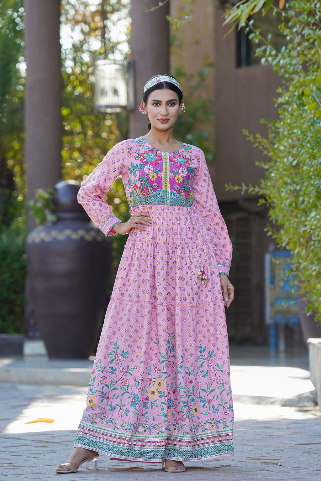 Juniper Womens Pink Cambric Floral Printed Tiered Maxi Dress