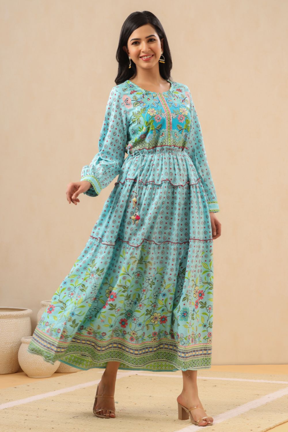 Juniper Womens Skyblue Rayon Floral Printed Tiered Dress