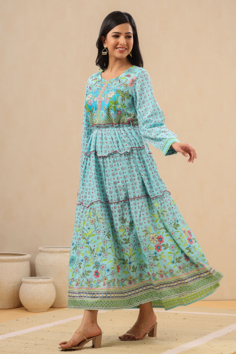 Juniper Womens Skyblue Rayon Floral Printed Tiered Dress
