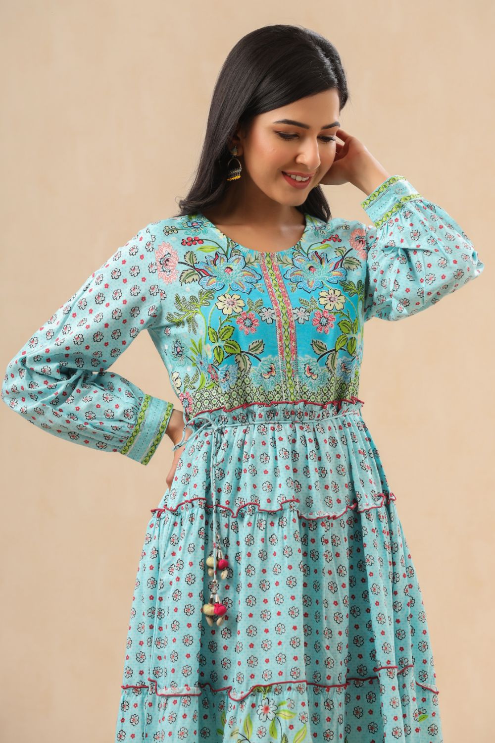 Juniper Womens Skyblue Rayon Floral Printed Tiered Dress