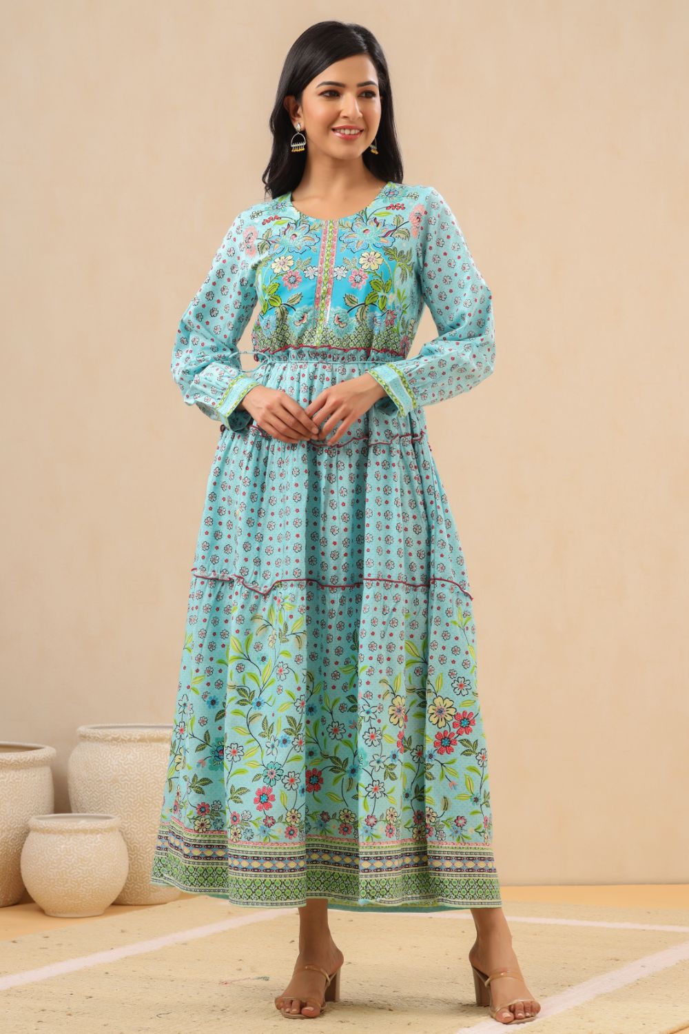 Juniper Womens Skyblue Rayon Floral Printed Tiered Dress