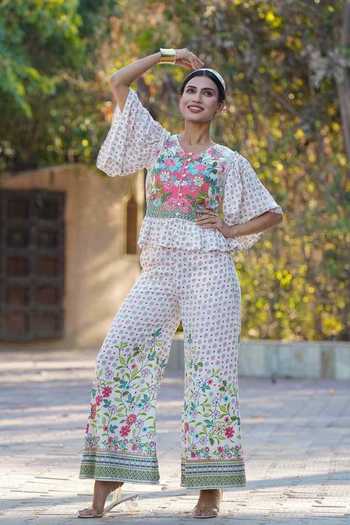 Juniper Women's White Floral Printed Rayon Peplum Co-Ord Set With Buttons
