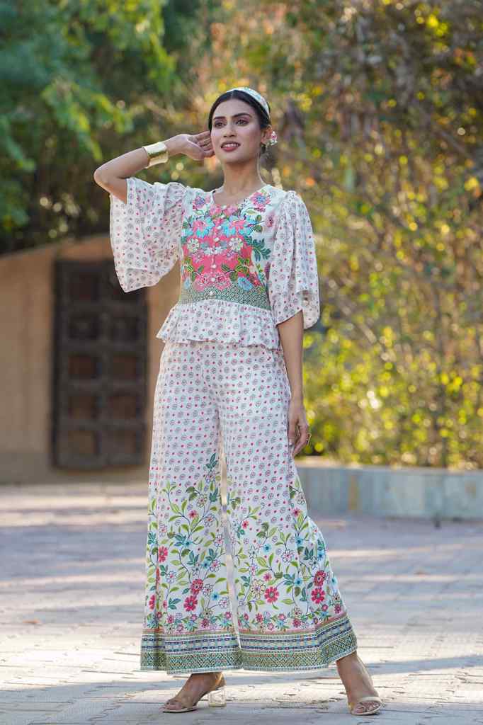 Juniper Women's White Floral Printed Rayon Peplum Co-Ord Set With Buttons