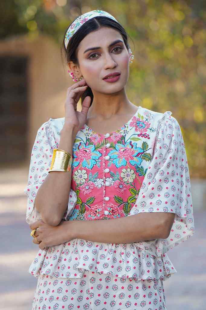 Juniper Women's White Floral Printed Rayon Peplum Co-Ord Set With Buttons