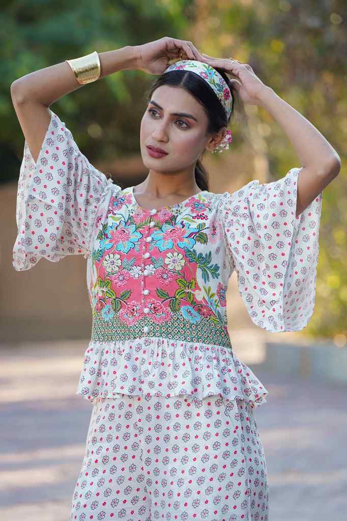 Juniper Women's White Floral Printed Rayon Peplum Co-Ord Set With Buttons