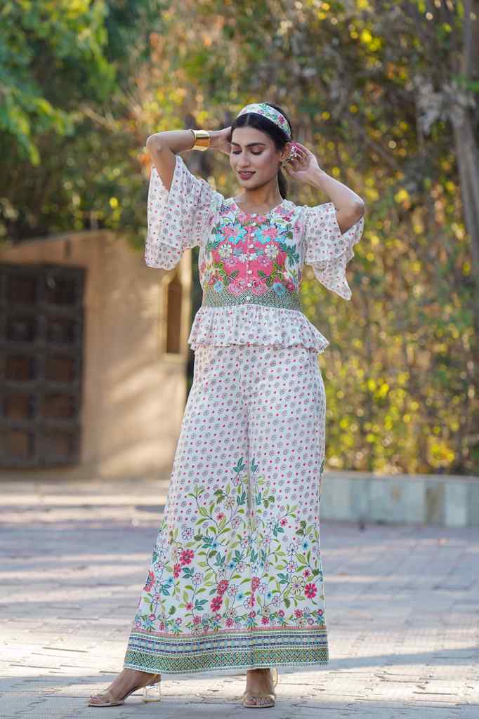 Juniper Women's White Floral Printed Rayon Peplum Co-Ord Set With Buttons