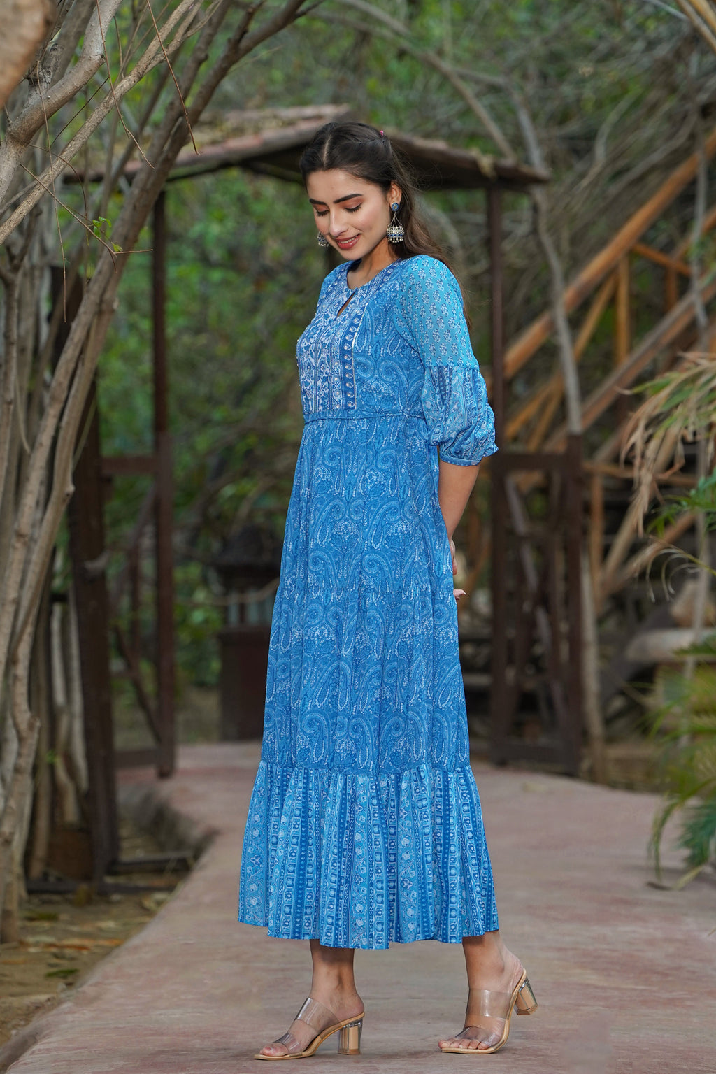 Juniper Womens Blue Georgette Floral Printed Tiered Dress