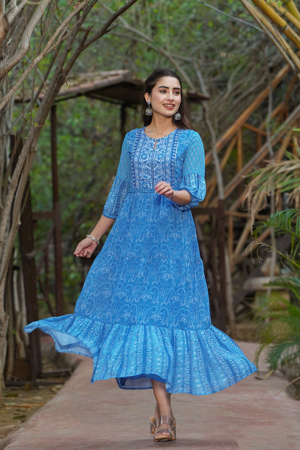 Juniper Womens Blue Georgette Floral Printed Tiered Dress