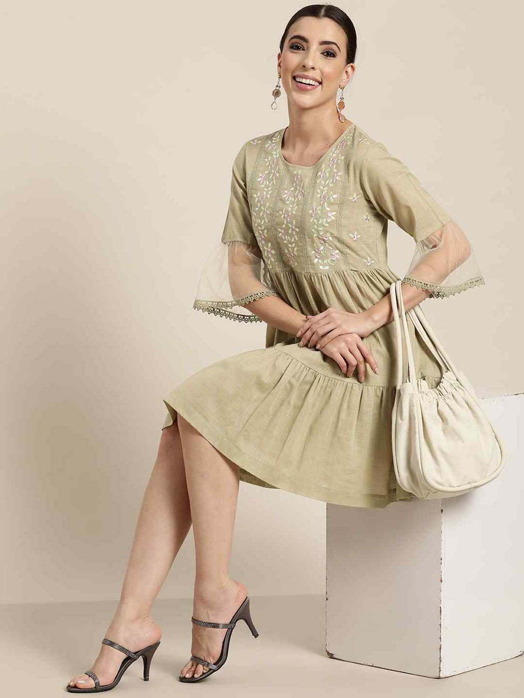 Juniper Women's Blush Pink Floral Printed Cotton Slub Tiered Short Dress With Thread Work Embroidery
