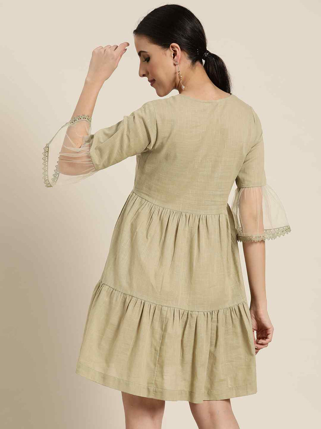 Juniper Women's Blush Pink Floral Printed Cotton Slub Tiered Short Dress With Thread Work Embroidery
