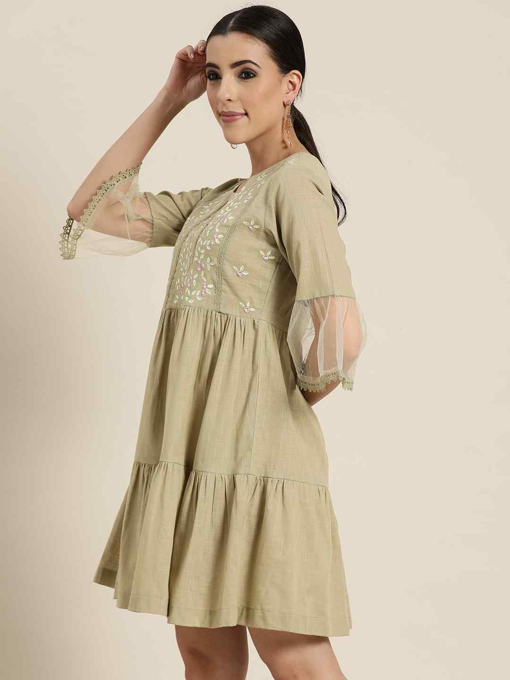 Juniper Women's Blush Pink Floral Printed Cotton Slub Tiered Short Dress With Thread Work Embroidery