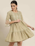 Juniper Women's Blush Pink Floral Printed Cotton Slub Tiered Short Dress With Thread Work Embroidery