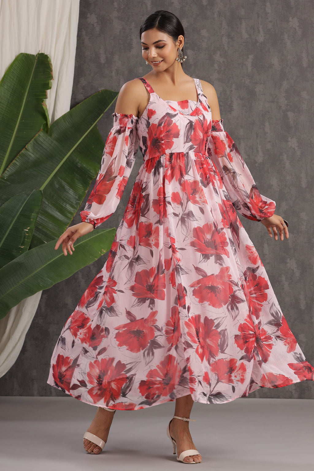 Juniper Light Pink Floral Printed Chiffon Maxi Dress With Adjustable Straps & Cold Shoulder