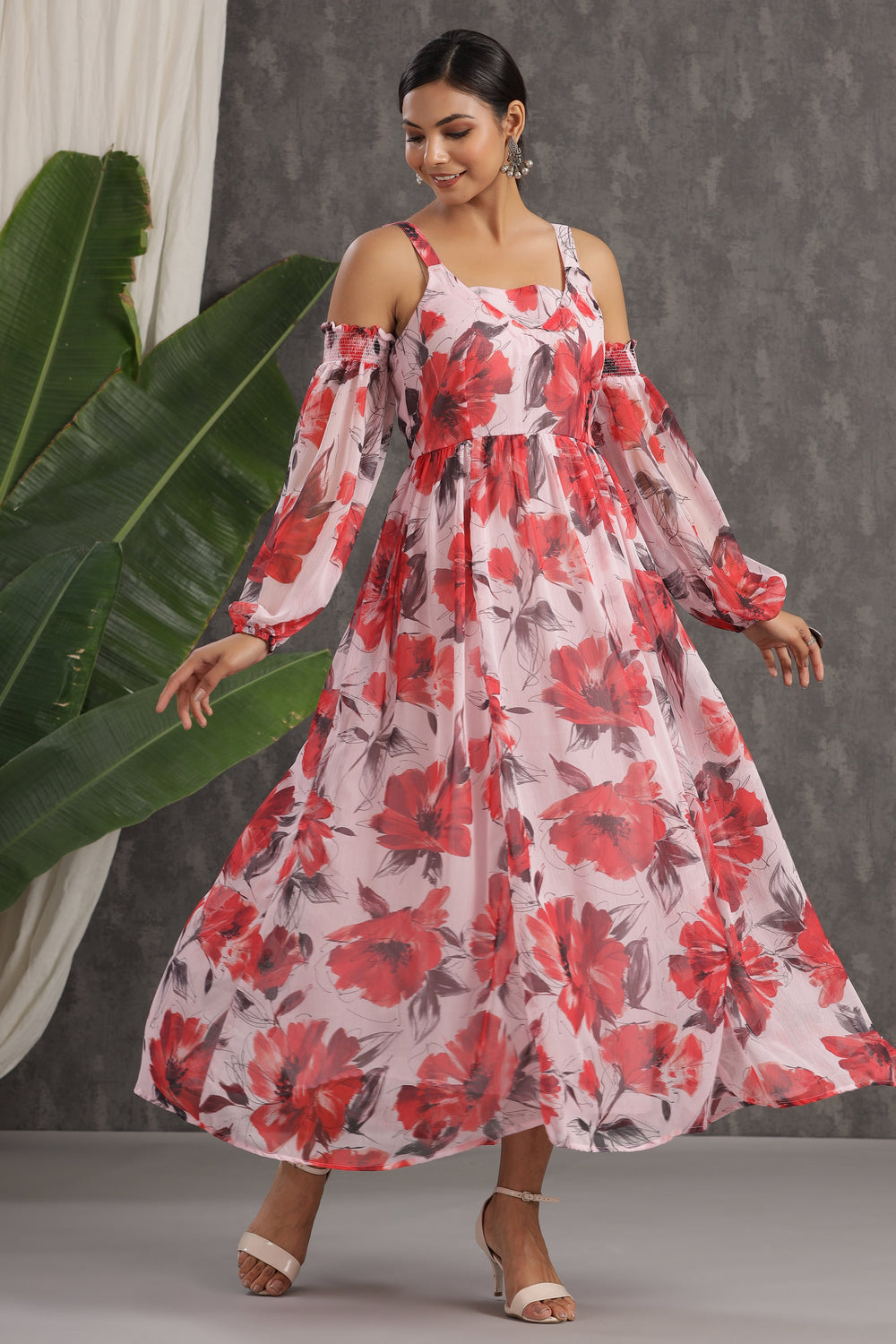 Juniper Women's Lightpink Chiffon Printed Flared Dress