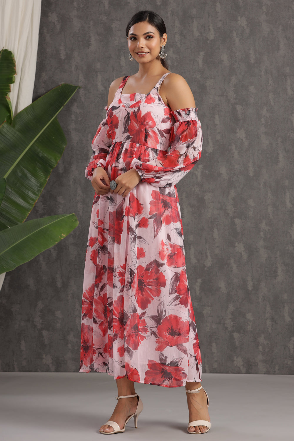 Juniper Women's Lightpink Chiffon Printed Flared Dress