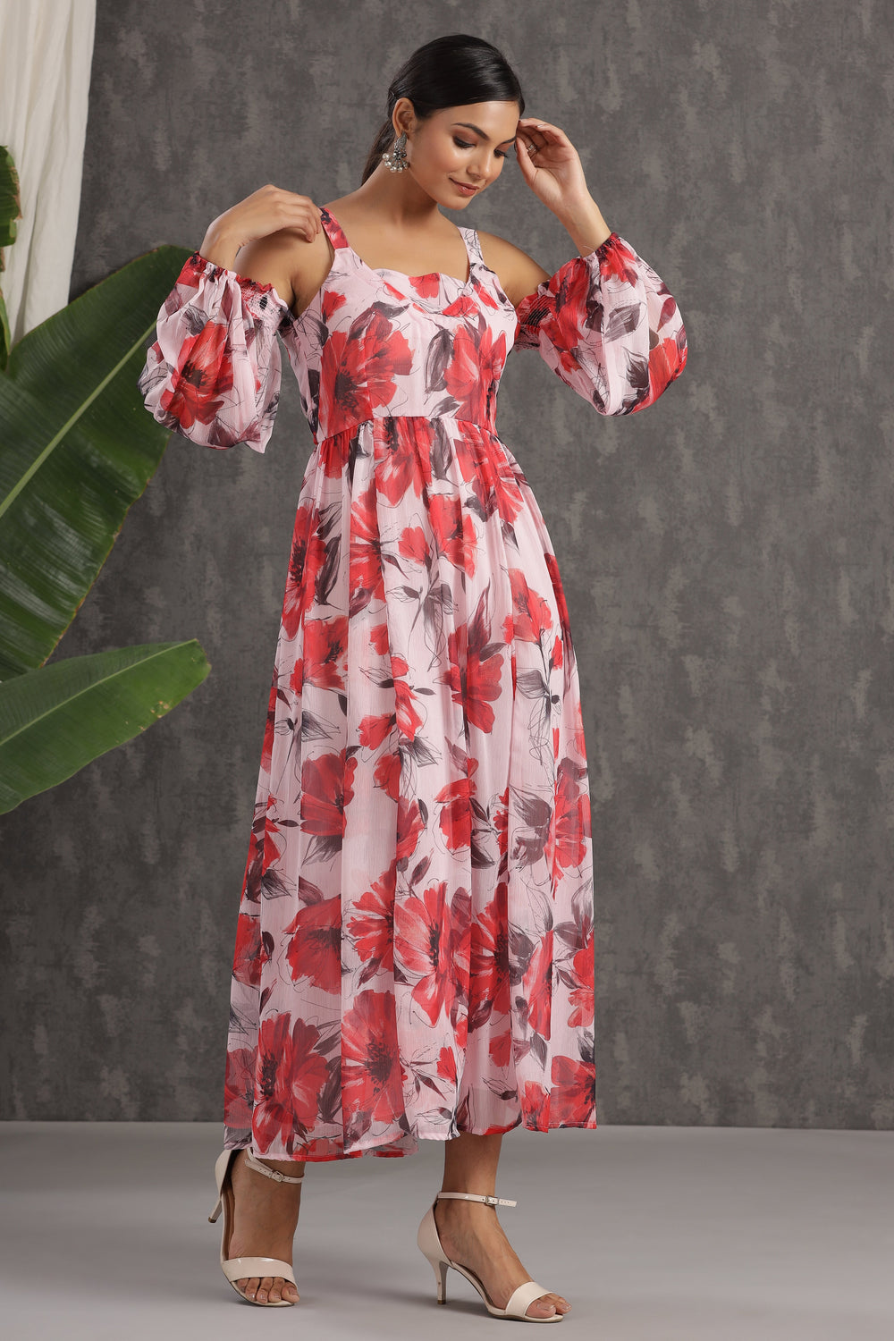 Juniper Women's Lightpink Chiffon Printed Flared Dress