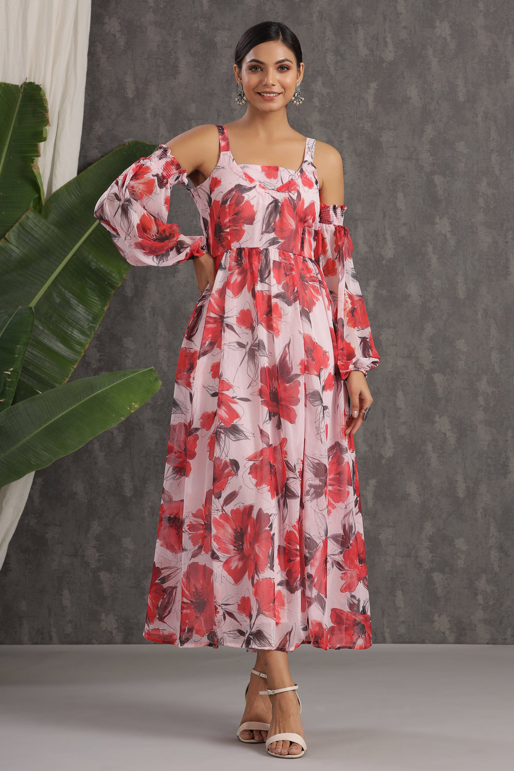 Juniper Women's Lightpink Chiffon Printed Flared Dress