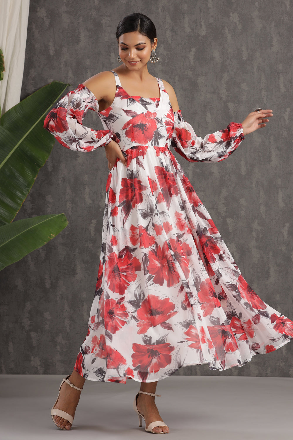 Juniper Women's White Chiffon Printed Flared Dress