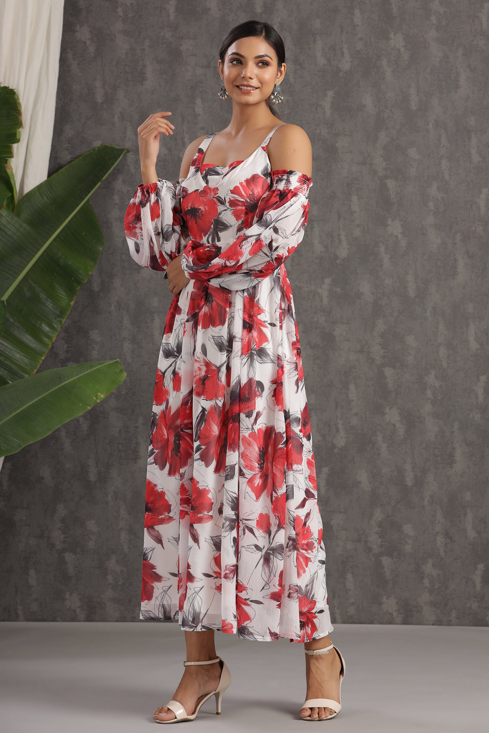 Juniper Women's White Chiffon Printed Flared Dress