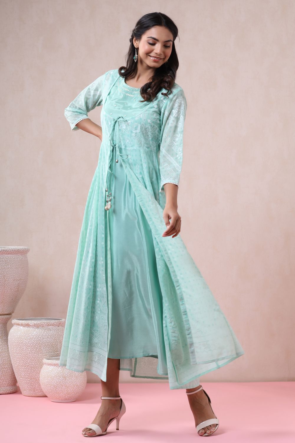 Juniper Womens Mint Georgette Foil Printed Double Layred Anarkali Dress