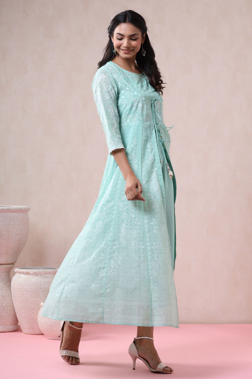 Juniper Womens Mint Georgette Foil Printed Double Layred Anarkali Dress