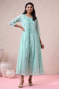 Juniper Womens Mint Georgette Foil Printed Double Layred Anarkali Dress