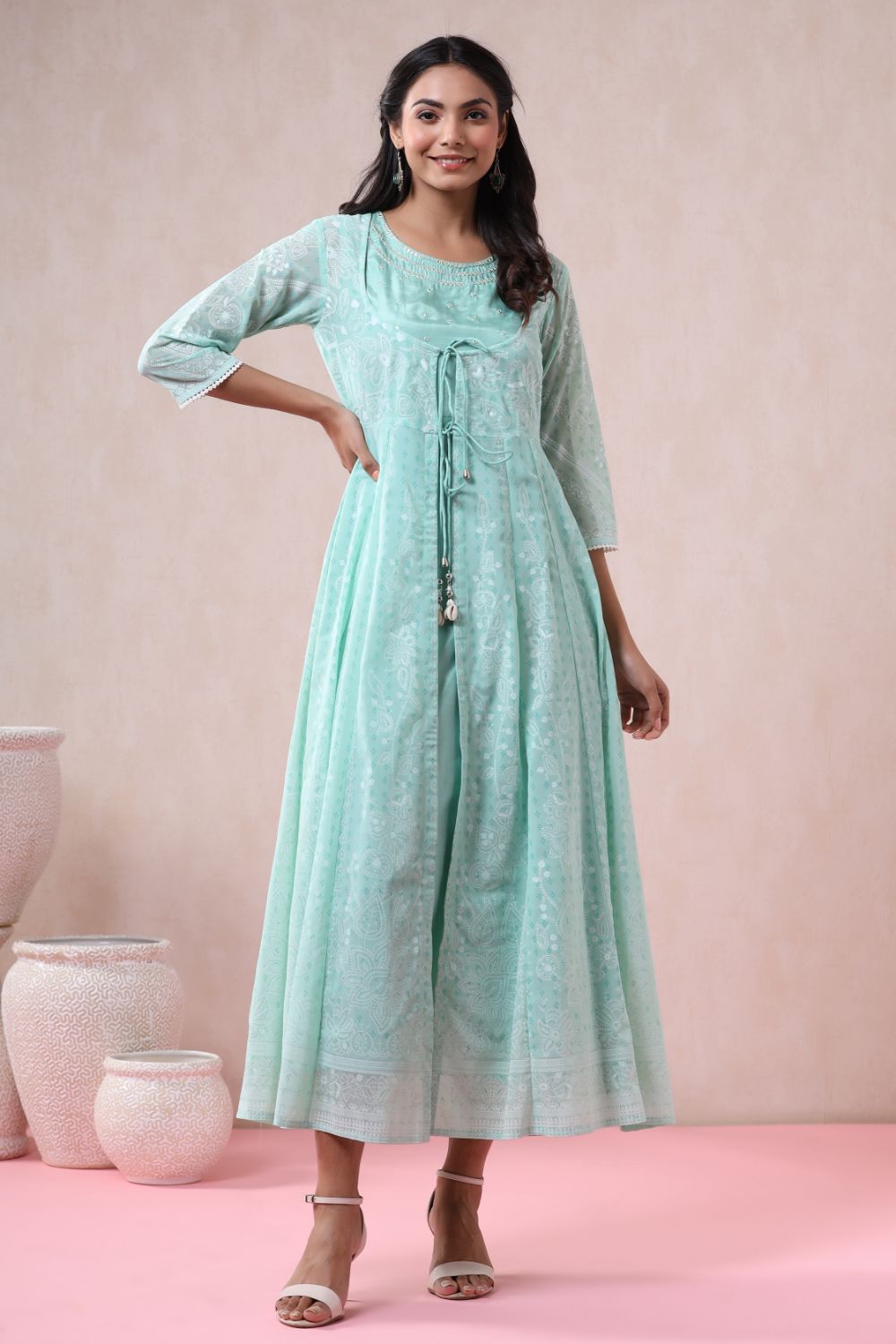 Juniper Womens Mint Georgette Foil Printed Double Layred Anarkali Dress