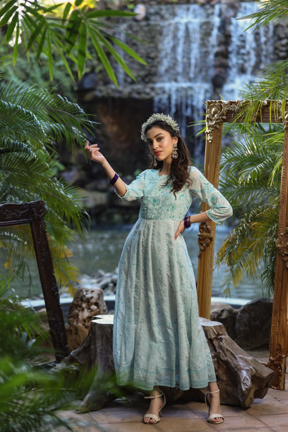 Juniper Womens Bluemulti Georgette Foil Printed Anarkali Dress