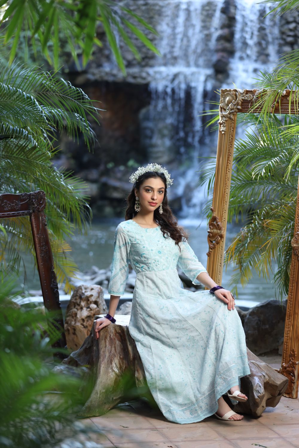 Juniper Womens Bluemulti Georgette Foil Printed Anarkali Dress