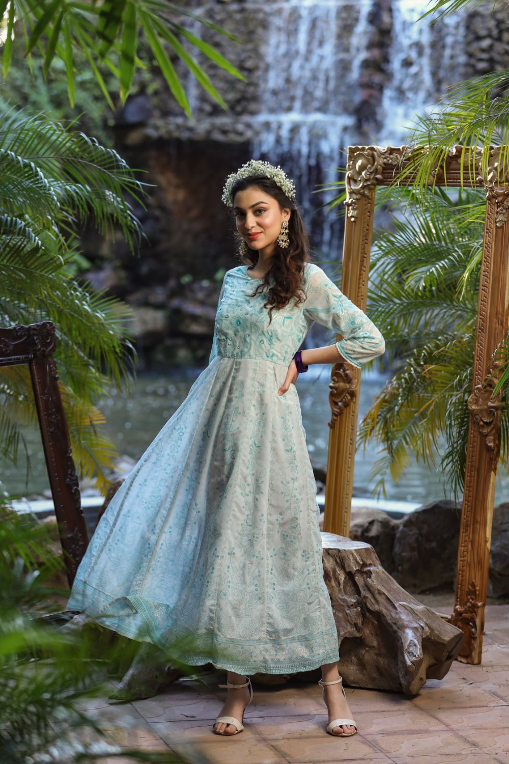 Juniper Womens Bluemulti Georgette Foil Printed Anarkali Dress