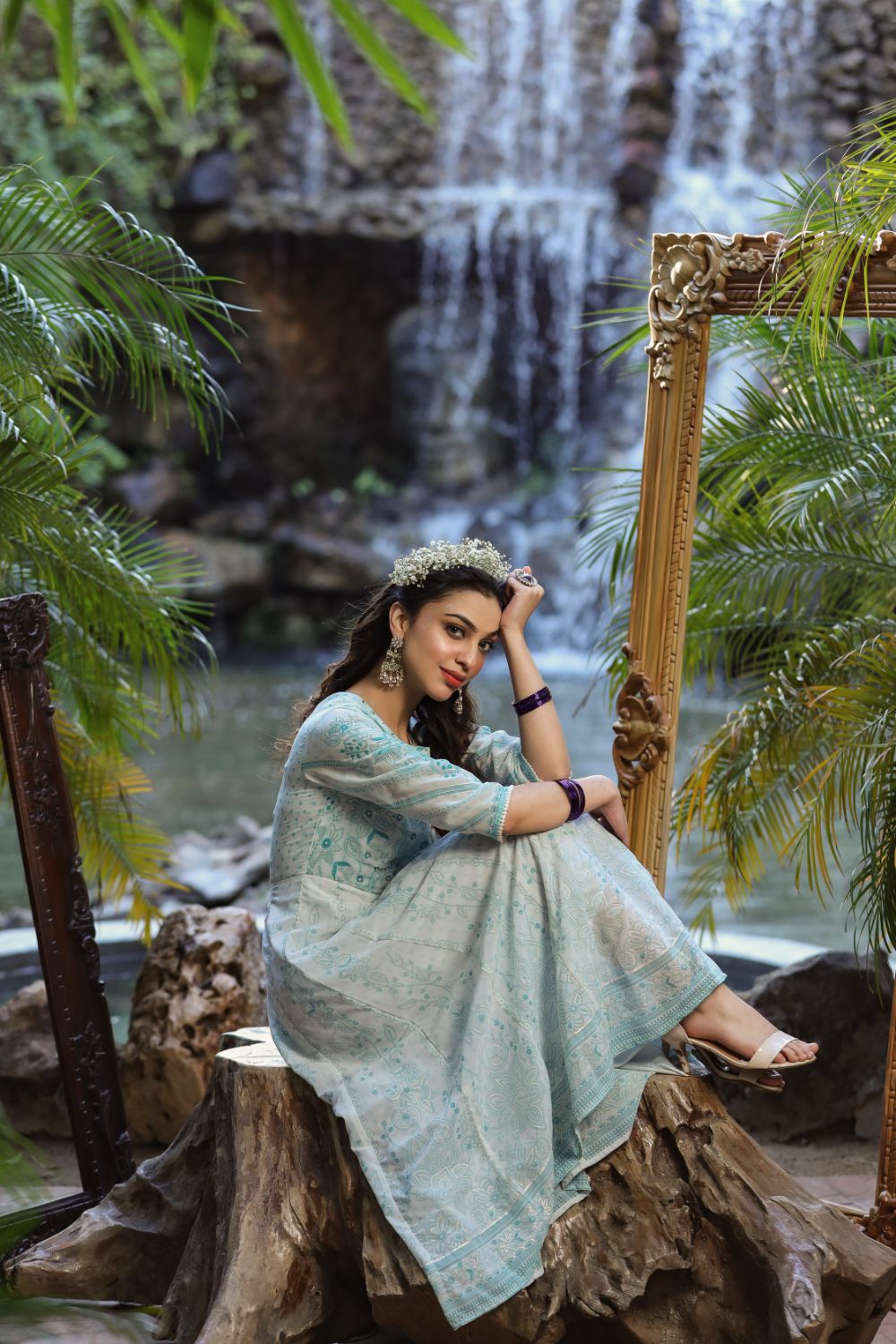 Juniper Womens Bluemulti Georgette Foil Printed Anarkali Dress