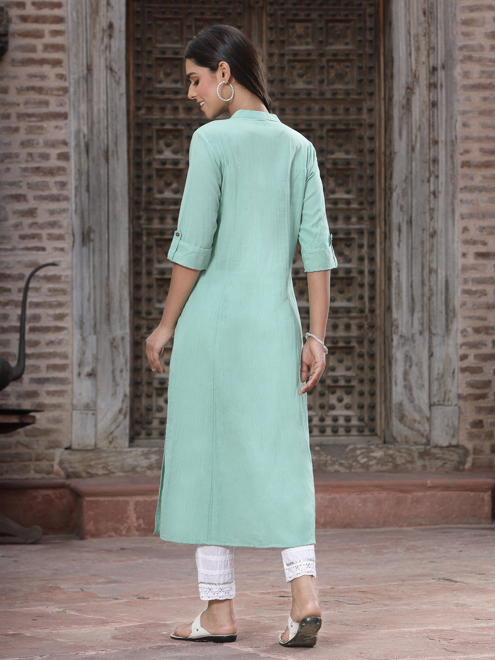 Juniper Women`s Green Cotton Flex Solid A-Line Kurta