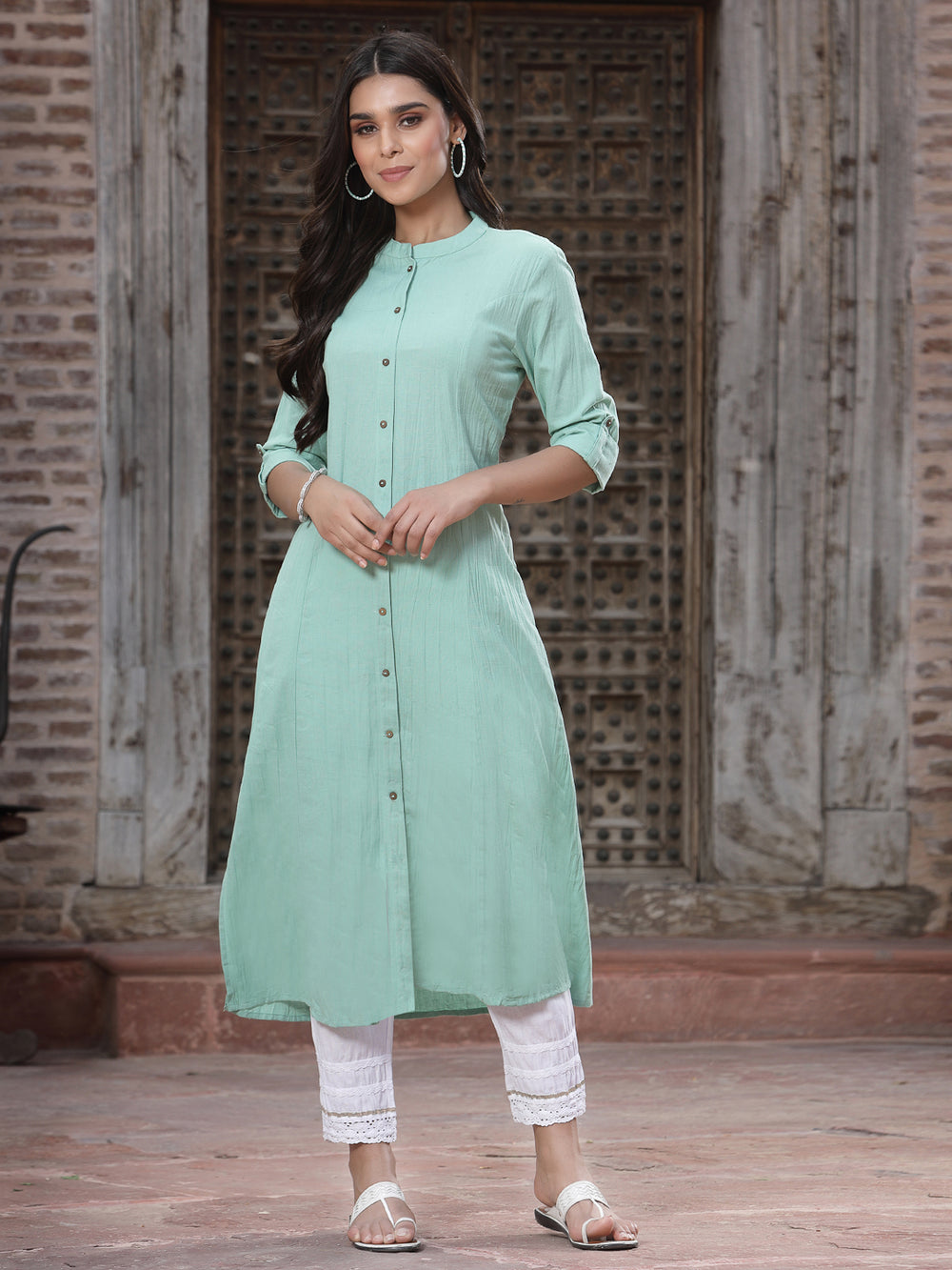 Juniper Women`s Green Cotton Flex Solid A-Line Kurta