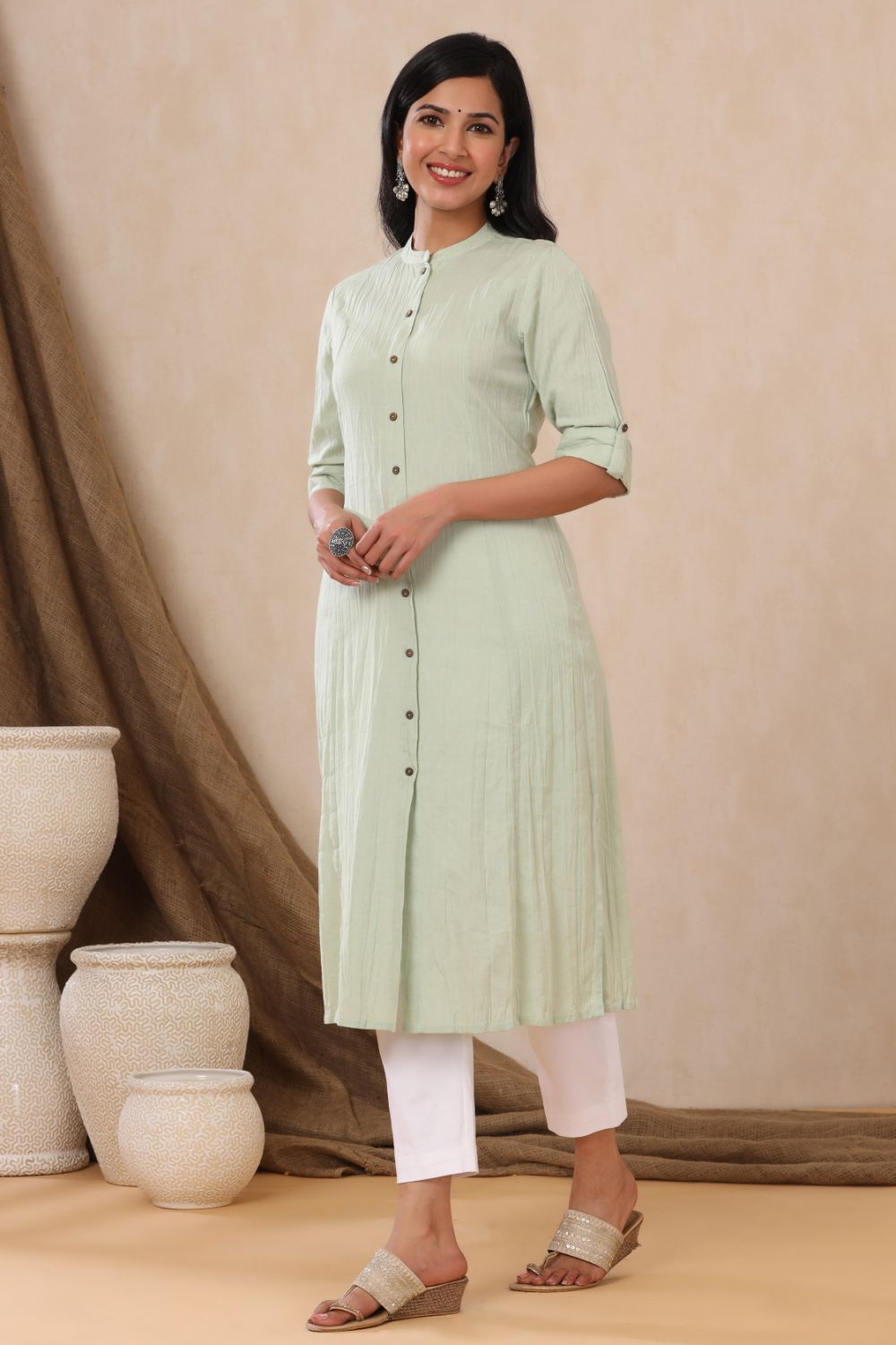 Juniper Womens Mint Cotton Flex Solid A-Line Kurta