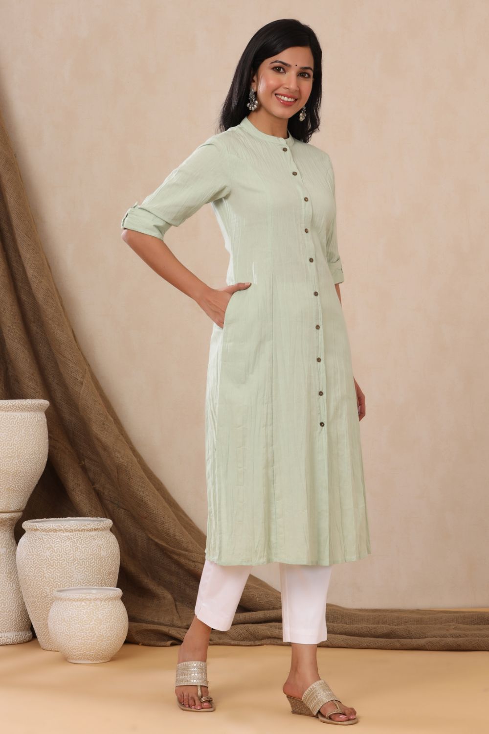 Juniper Womens Mint Cotton Flex Solid A-Line Kurta