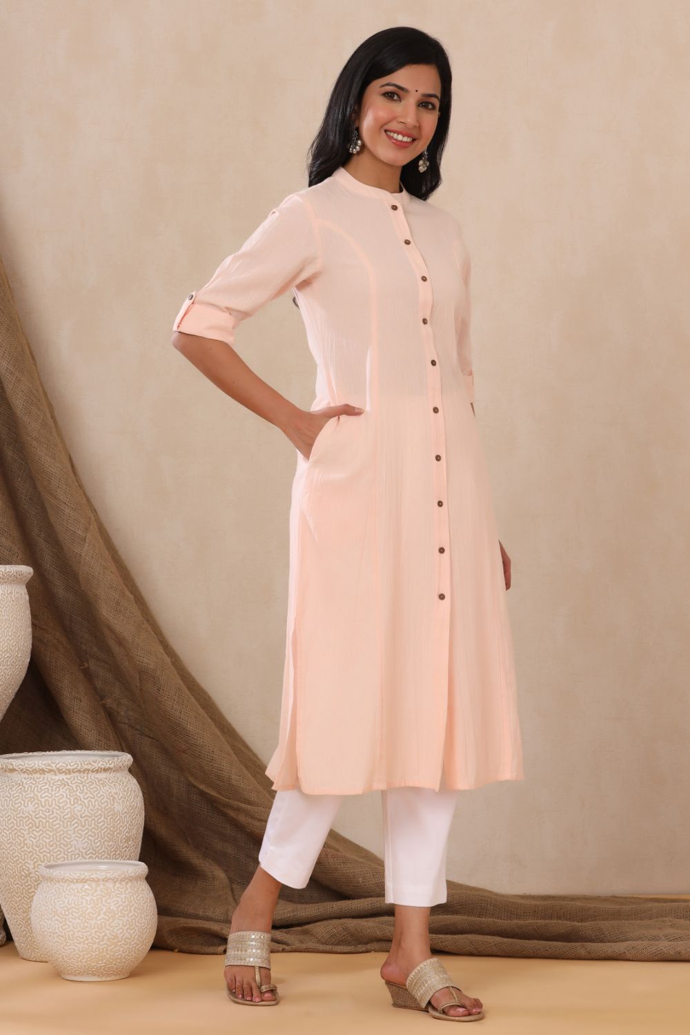 Juniper Womens Peach Cotton Flex Solid A-Line Kurta