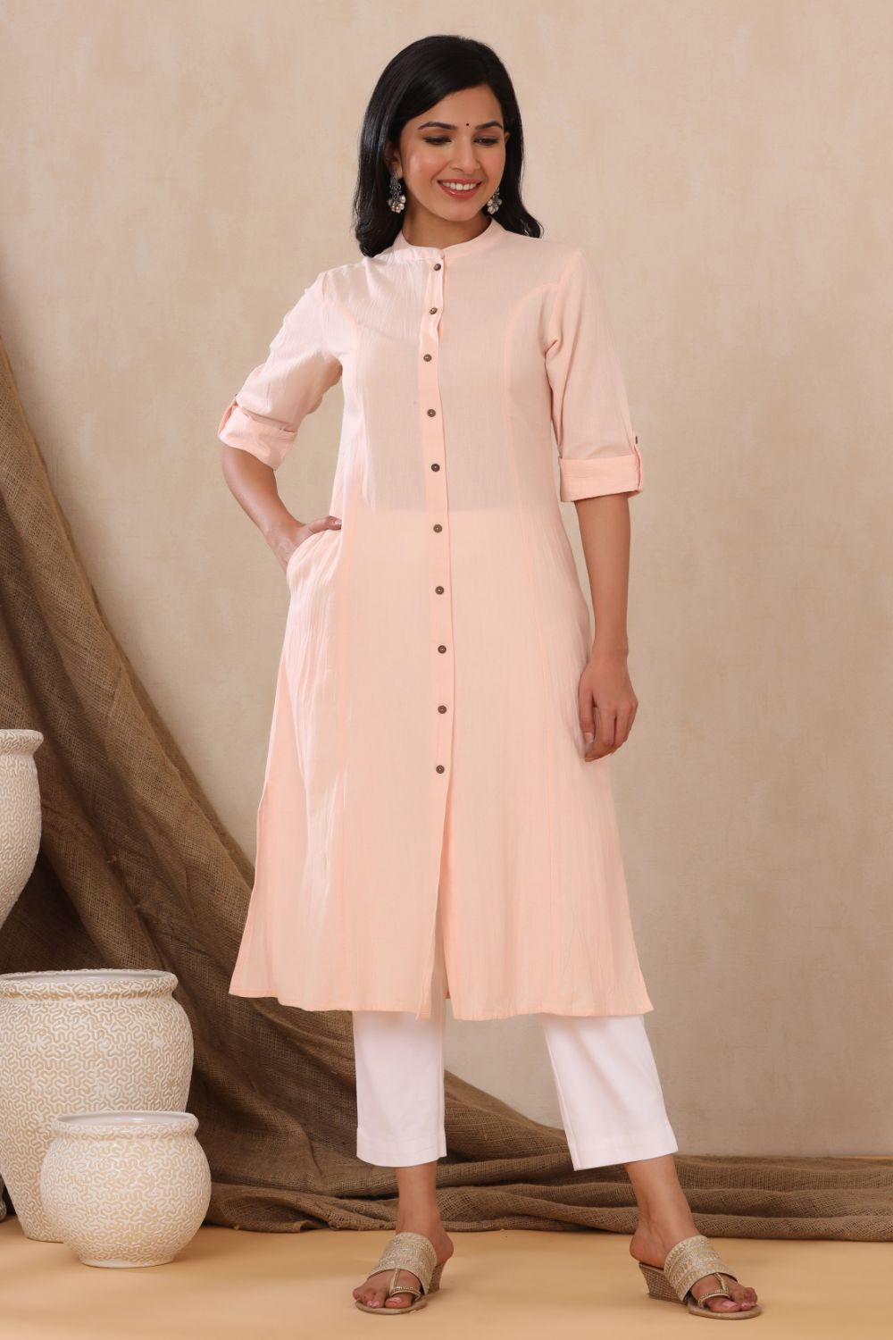 Juniper Womens Peach Cotton Flex Solid A-Line Kurta