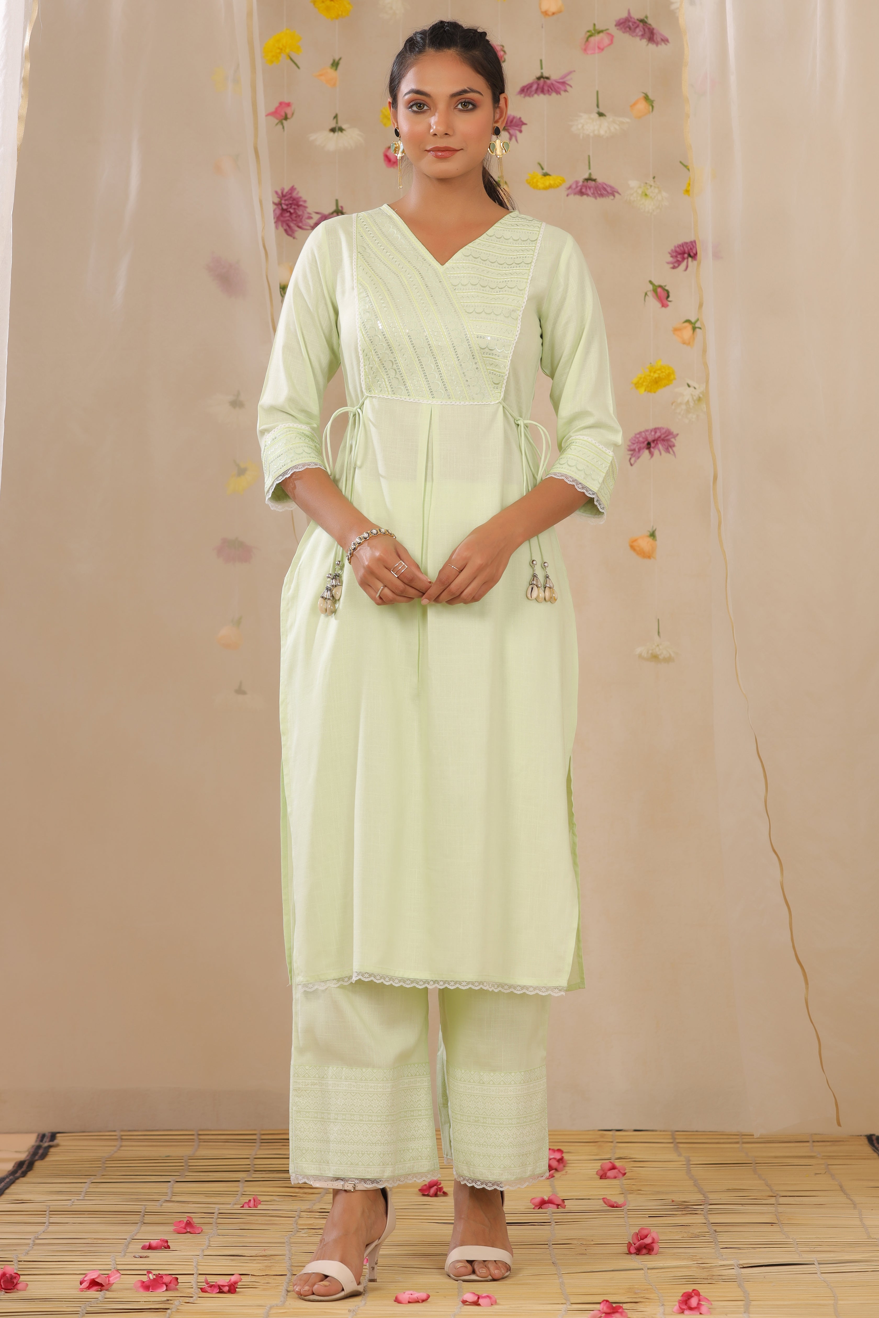 Juniper Women's Light Green Cotton Blend Printed Kurta Set