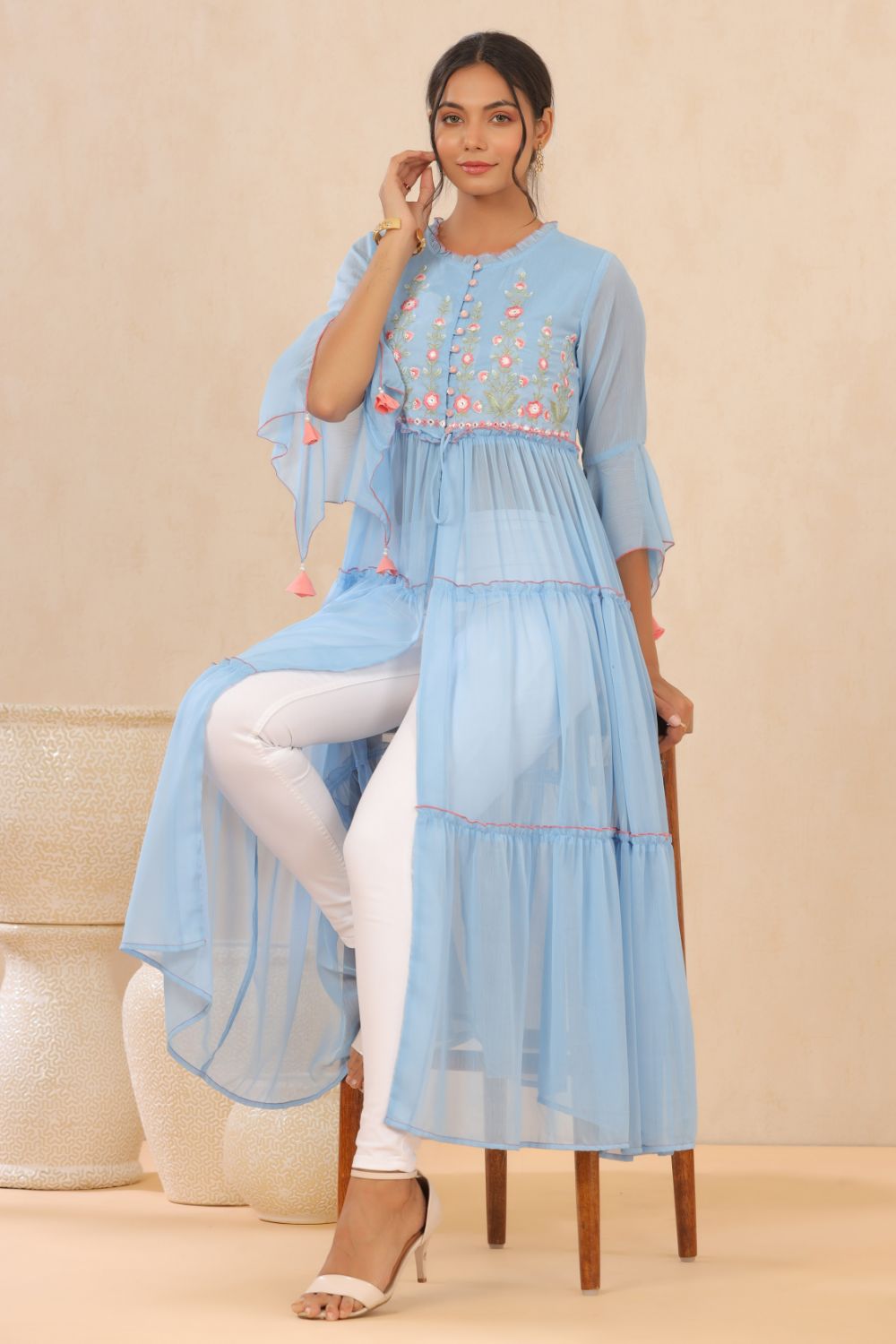 Juniper Womens Powderblue Chiffon Embroidered Tiered Kurta
