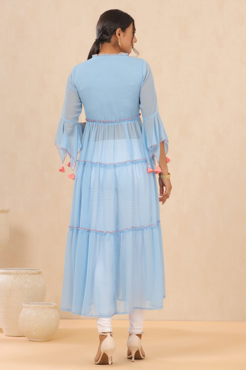 Juniper Womens Powderblue Chiffon Embroidered Tiered Kurta