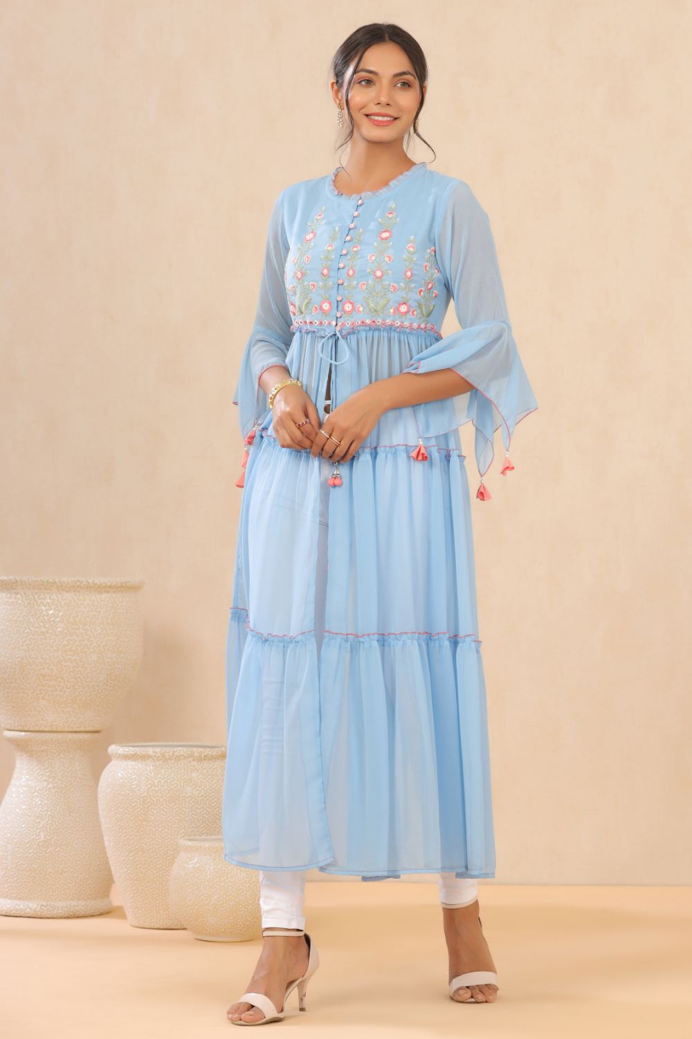Juniper Womens Powderblue Chiffon Embroidered Tiered Kurta