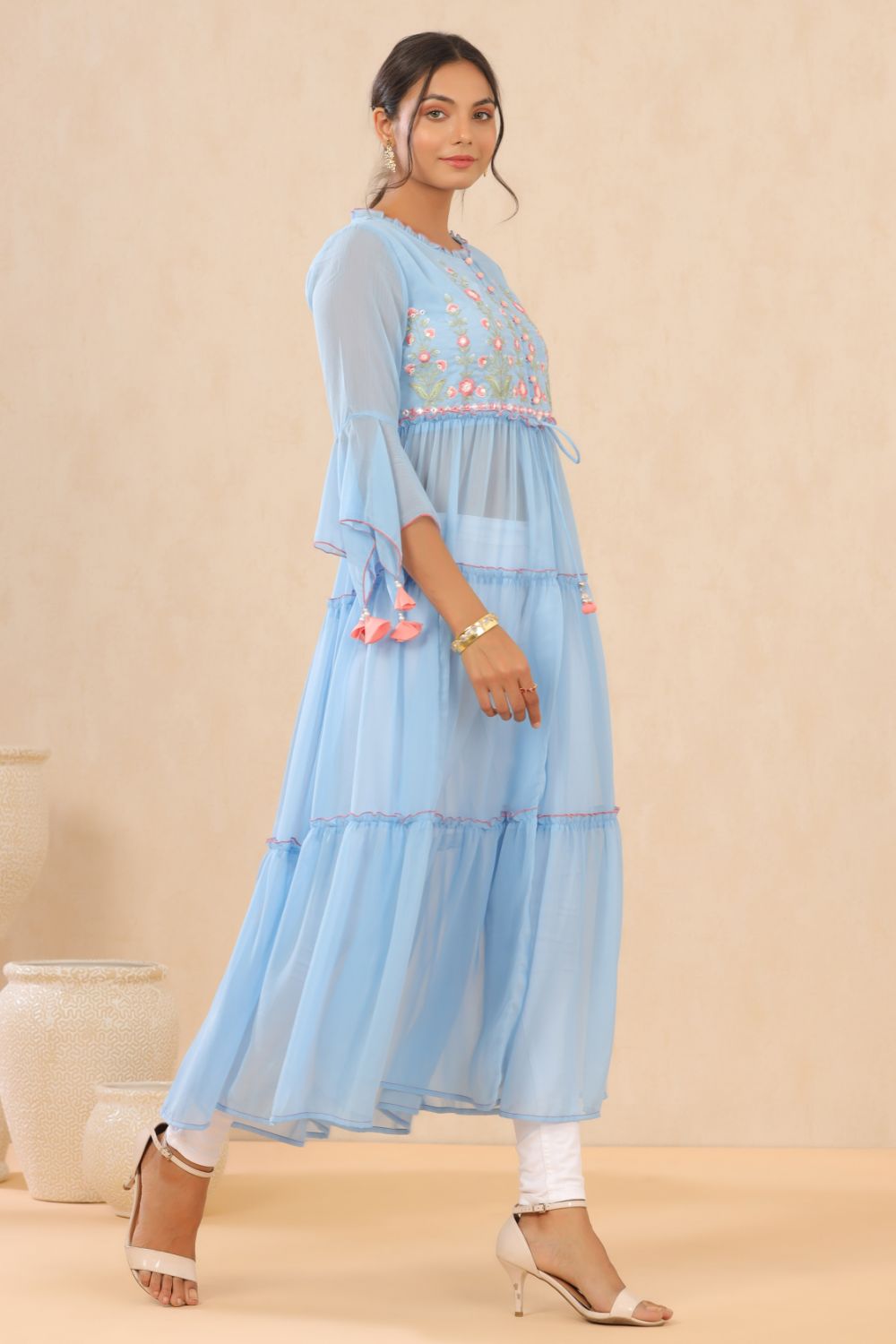 Juniper Womens Powderblue Chiffon Embroidered Tiered Kurta