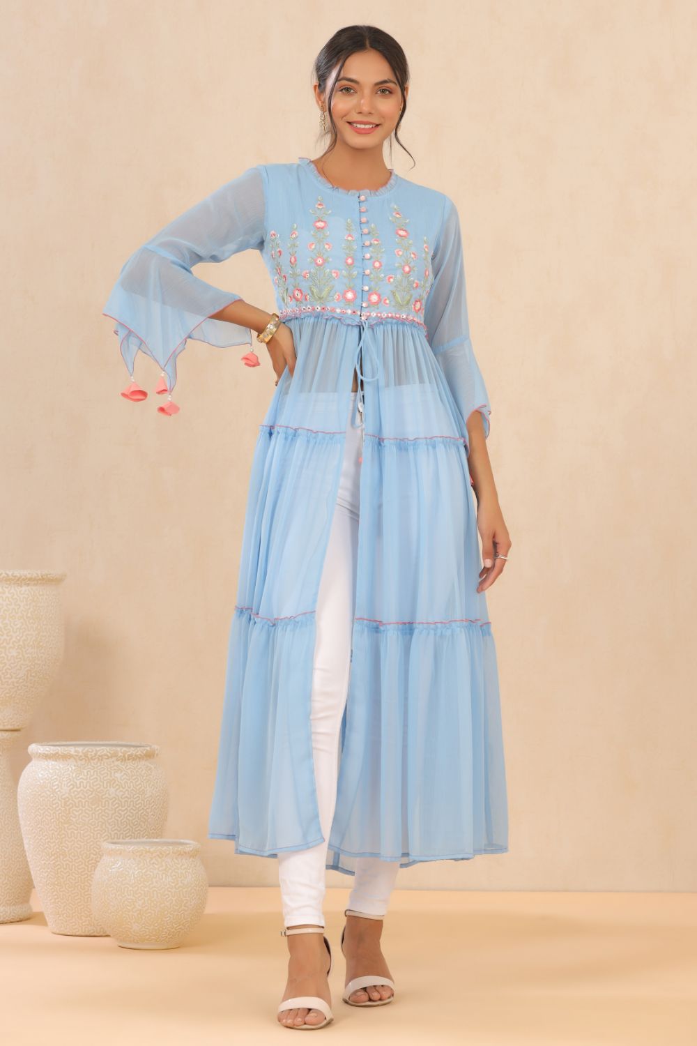 Juniper Womens Powderblue Chiffon Embroidered Tiered Kurta