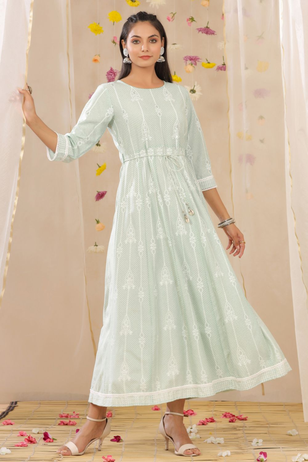 Juniper Womens Mint Rayon Gliter Printed Anarkali Dress