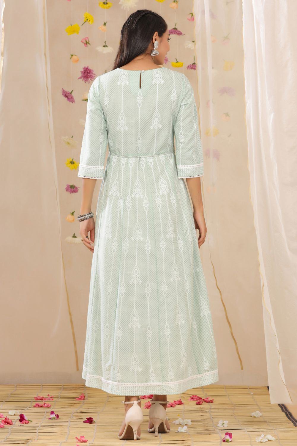 Juniper Womens Mint Rayon Gliter Printed Anarkali Dress