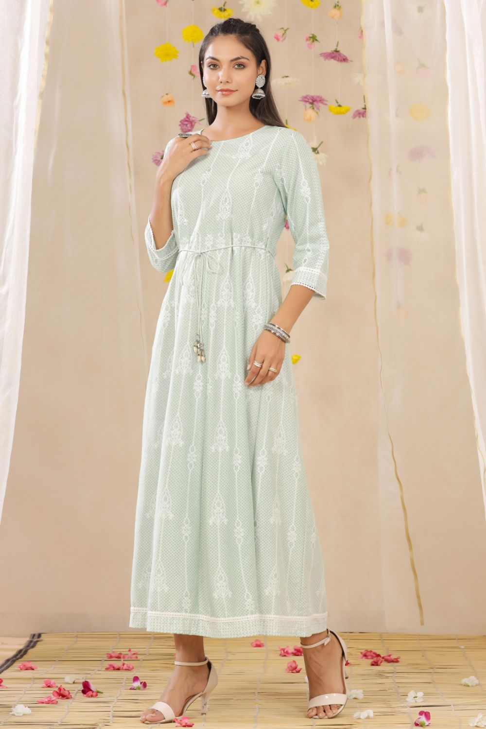 Juniper Womens Mint Rayon Gliter Printed Anarkali Dress