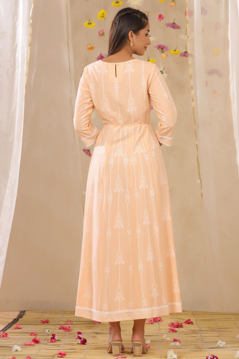 Juniper Womens Peach Rayon Gliter Printed Anarkali Dress
